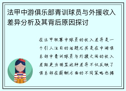 法甲中游俱乐部青训球员与外援收入差异分析及其背后原因探讨