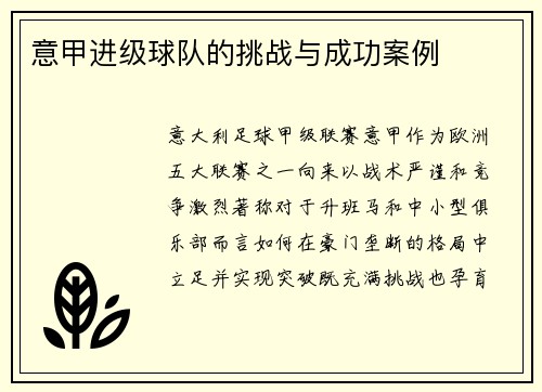 意甲进级球队的挑战与成功案例