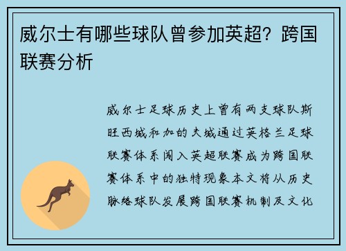 威尔士有哪些球队曾参加英超？跨国联赛分析