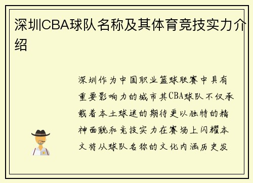 深圳CBA球队名称及其体育竞技实力介绍